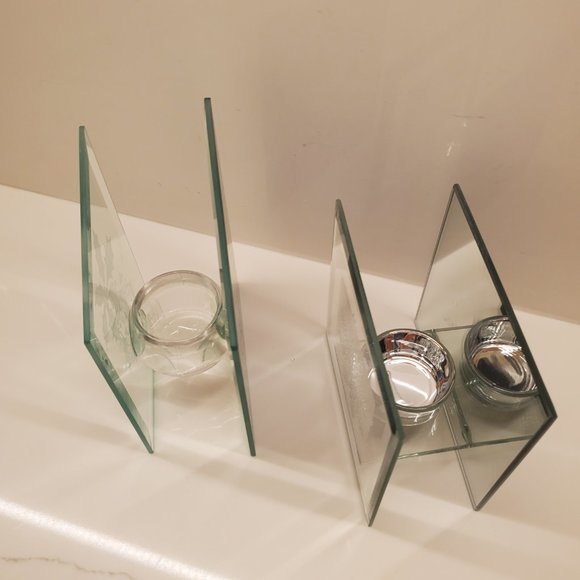 Holly Berry & Snowflake Glass Mirror Candle Holders 2pcs Holiday Decor / Gifts - Picture 6 of 14